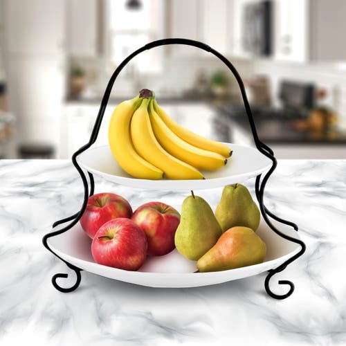 Gibson Elite Splendid Grace 2 Tiered Serving Set With Metal Rack In White In White