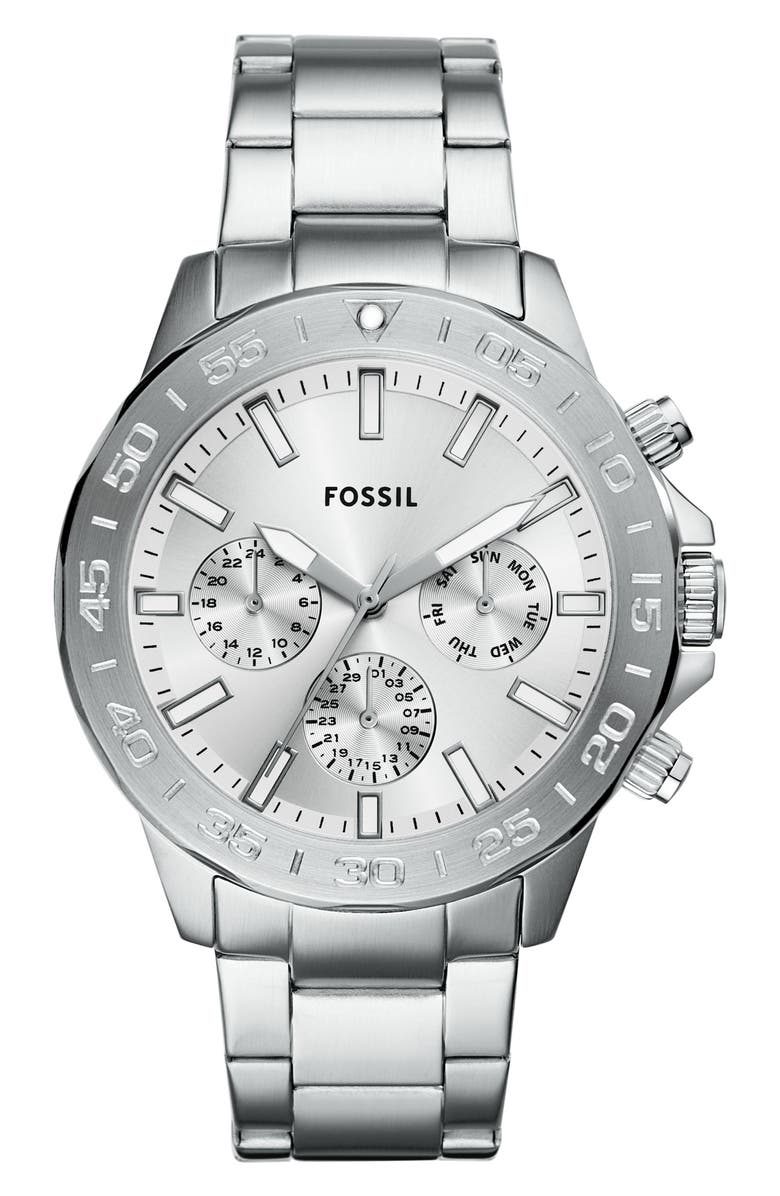 Fossil Bannon Multifunction Stainless Steel Watch, Main, color, Silver