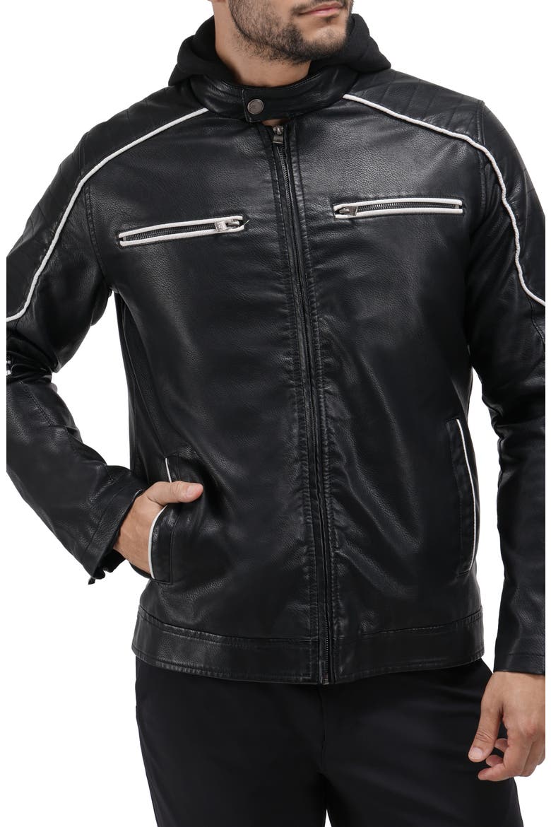 Faux Leather Hooded Moto Jacket with Faux Fur Lining, Main, color, BLACK/ WHITE