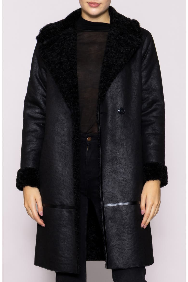Faux Shearling Lined Faux Leather Coat, Main, color, BLACK