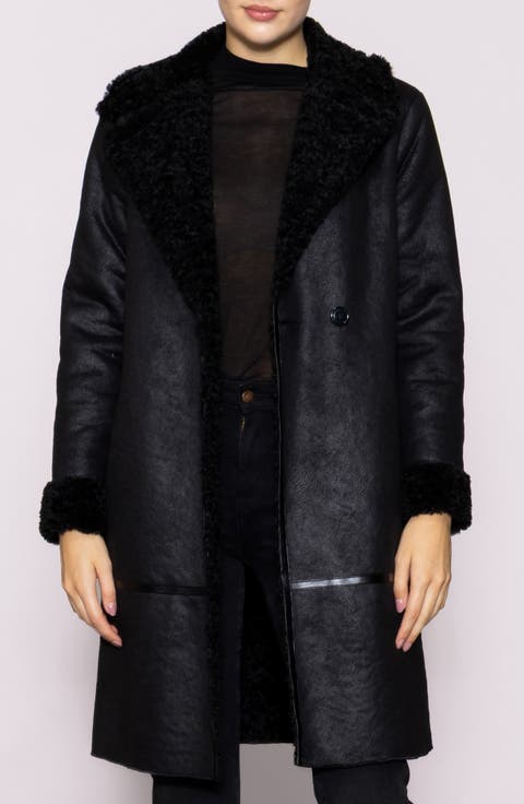 Faux Shearling Lined Faux Leather Coat