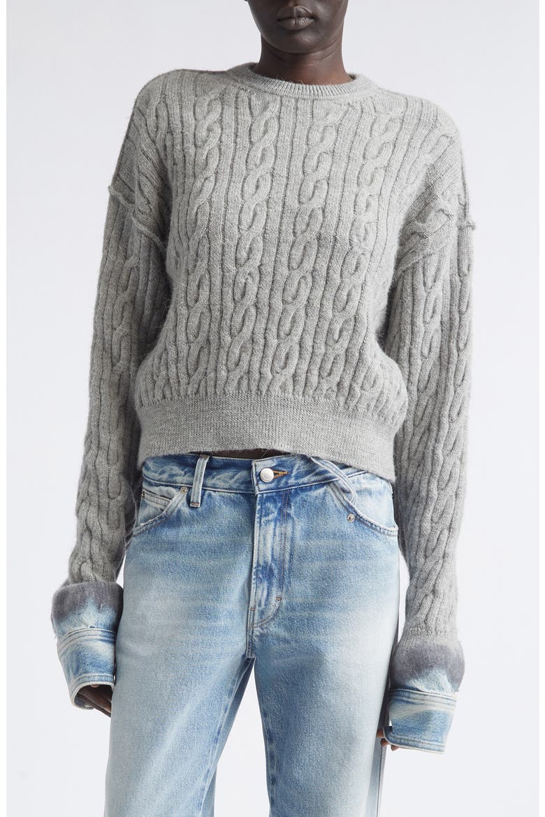 Karine Pollock Denim Cuff Cable Knit Merino Wool Sweater, Main, color, POLLOCK