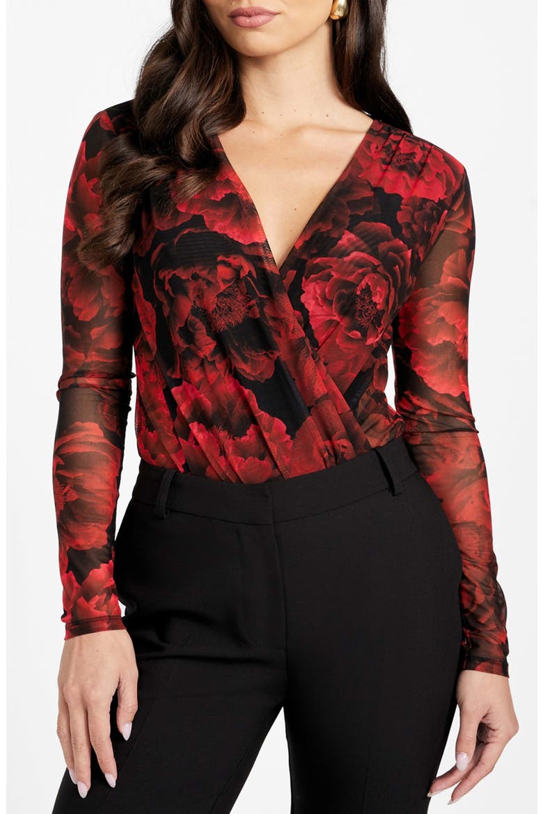 Passion Flower Mesh Bodysuit, Main, color, RED/ BLACK