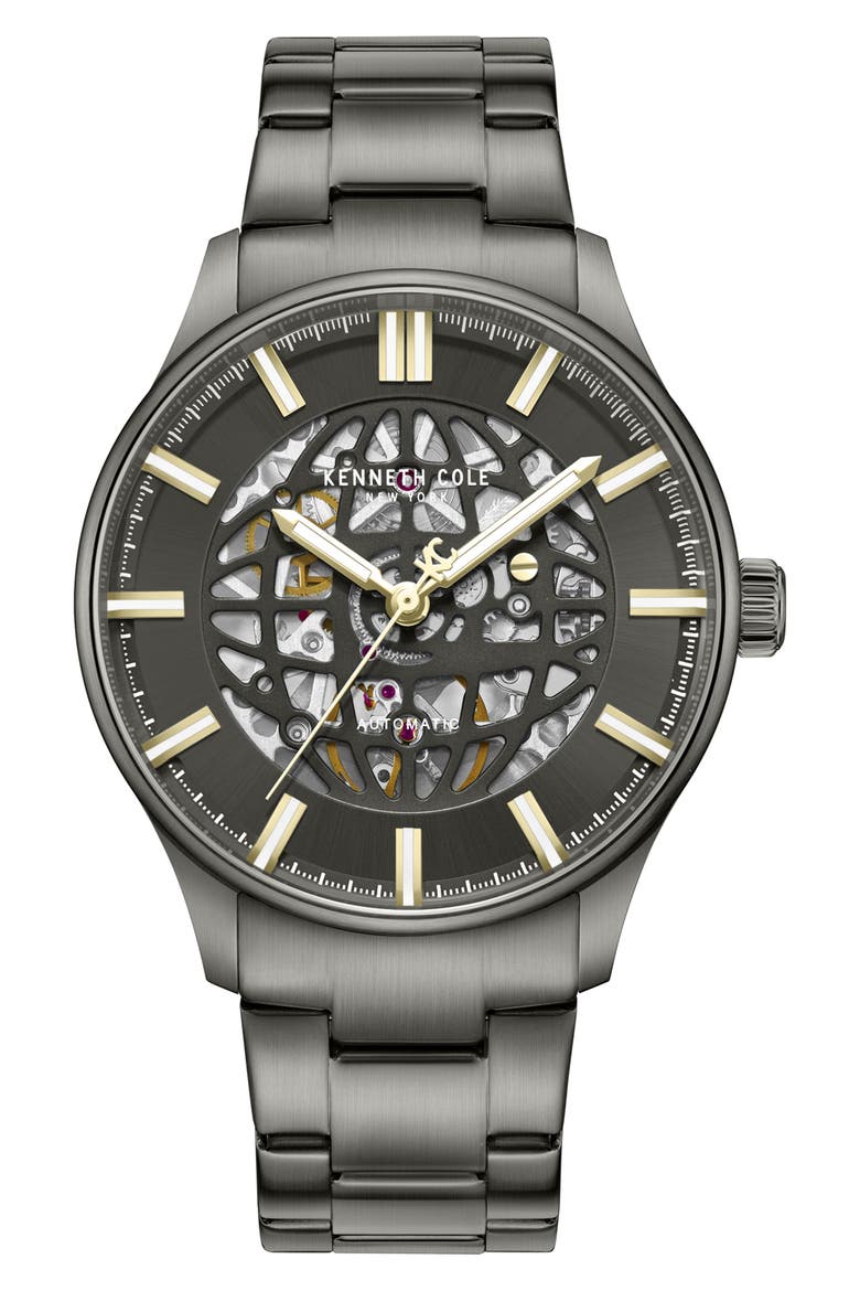 The Thompson Skeleton Automatic Bracelet Watch, 43.5mm, Main, color, DARK GRAY / GUN