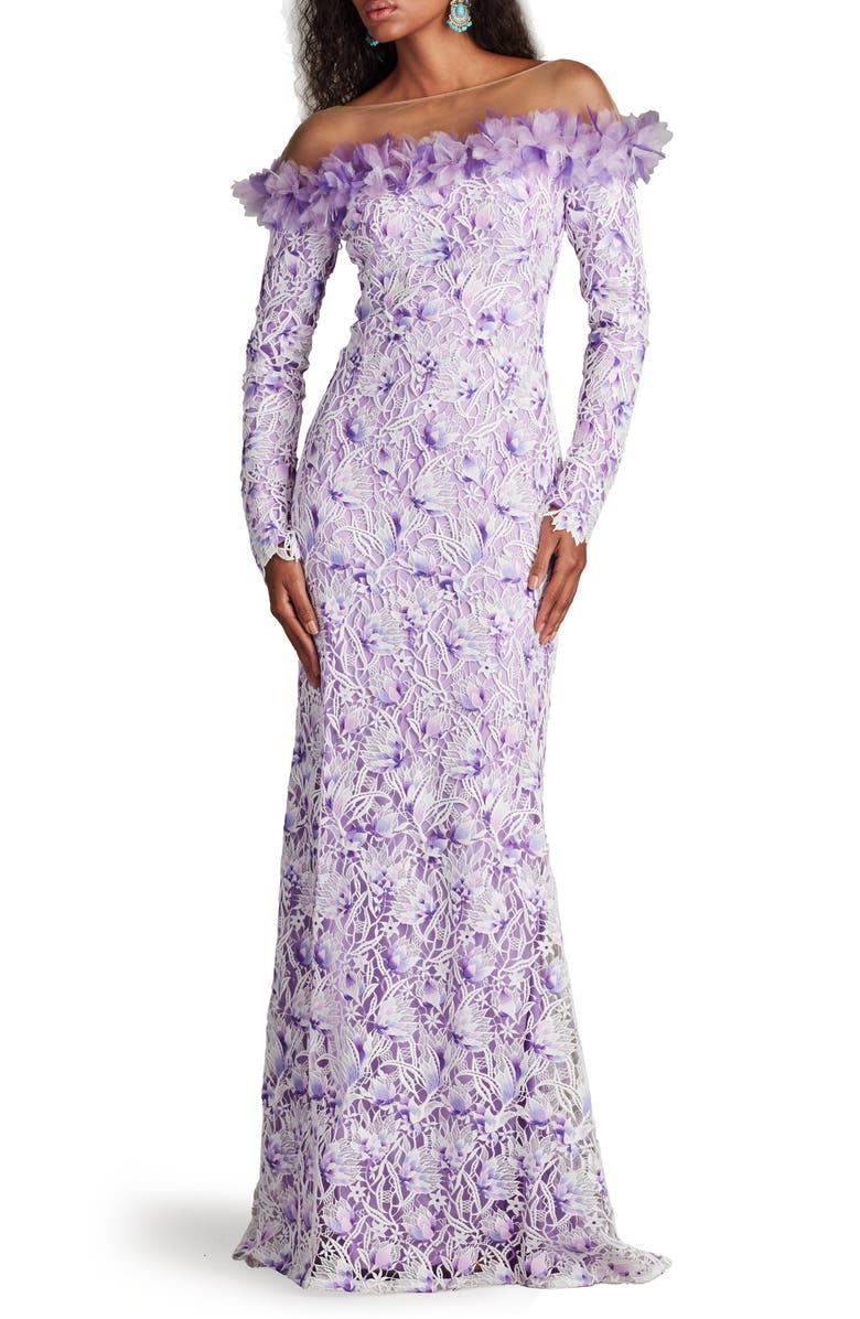 Tadashi Shoji Floral Embroidered Off the Shoulder Gown, Main, color, White/ Purple Haze