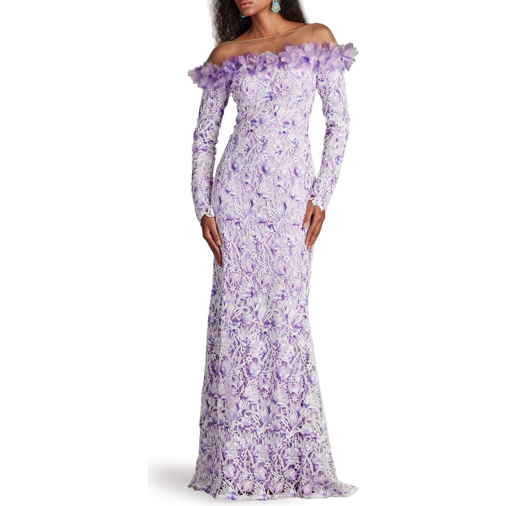 Tadashi Shoji Off The Shoulder Long Sleeve Illusion Gown