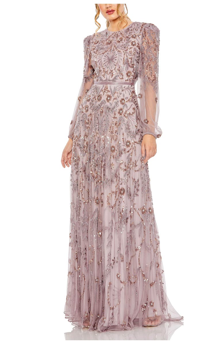 Mac Duggal Puff Sleeve Embellished A-Line Gown, Main, color, Heather