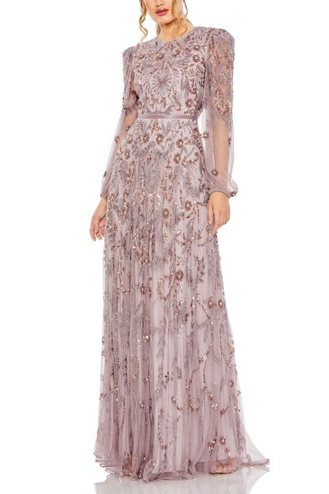 Puff Sleeve Embellished A-Line Gown