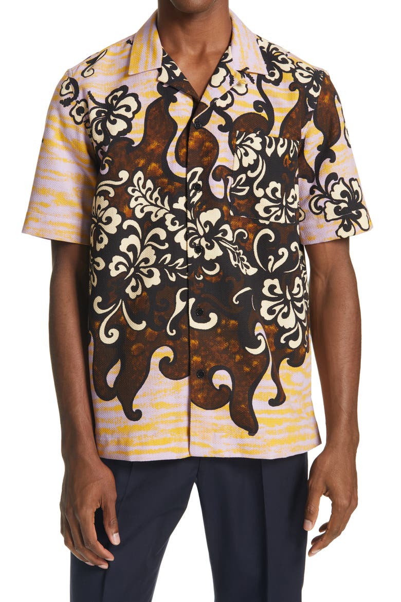 Carltone Floral Short Sleeve Button-Up Shirt, Main, color, LILAC