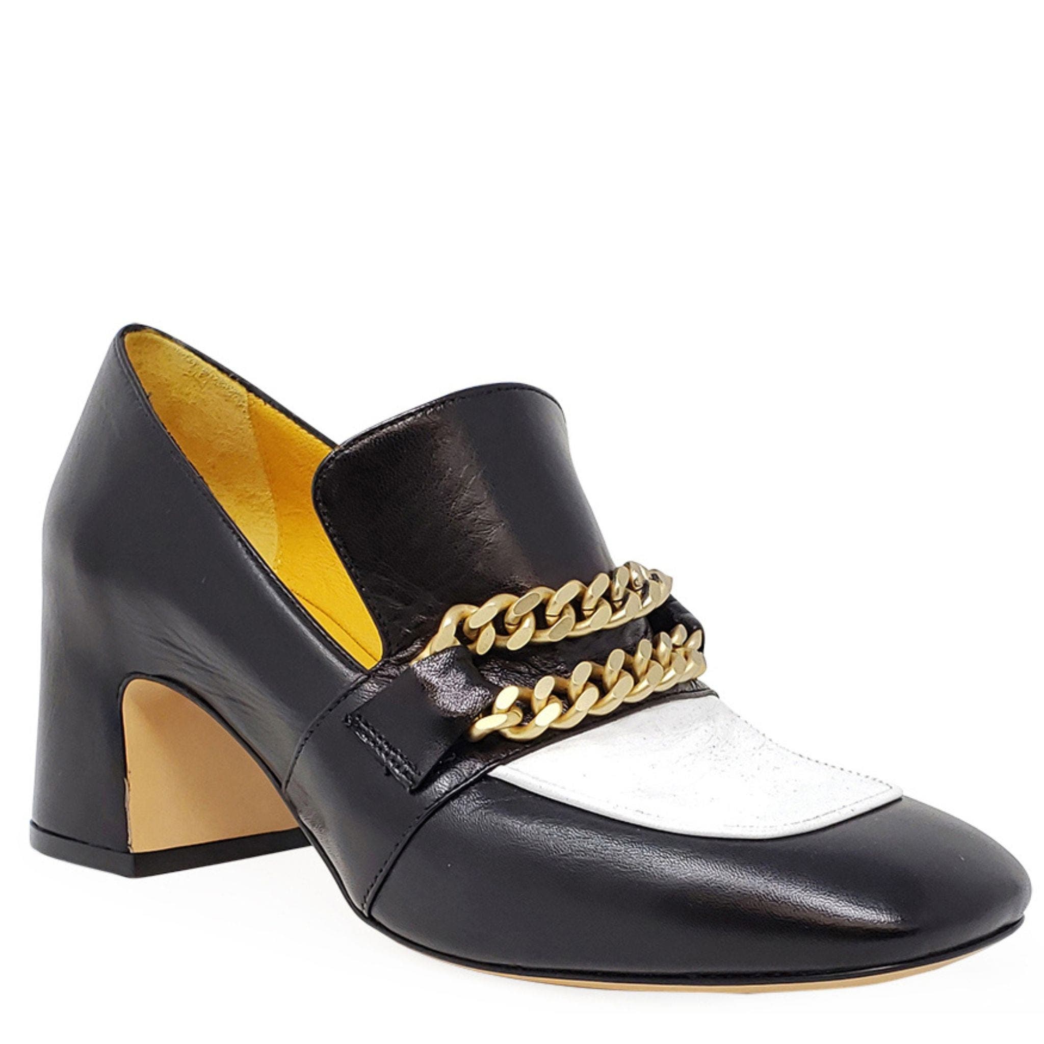 Madison Maison Mid Heel Loafer With Chain, Alternate, color, Black/White