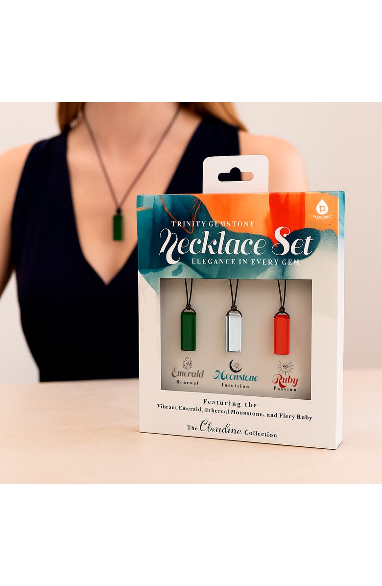 PURSONIC Mindful Energy Jewelry Set Natural Lava Stone Bracelet with Essential Oils Set & Trinity Gemstone Necklace, Alternate, color, Multicolor