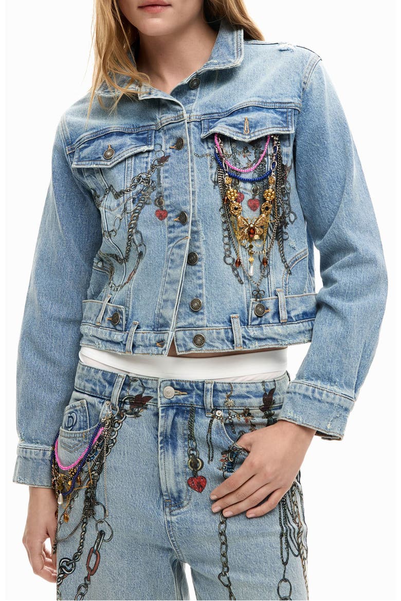 Embellished Denim Trucker Jacket, Main, color, MEDIUM BLUE