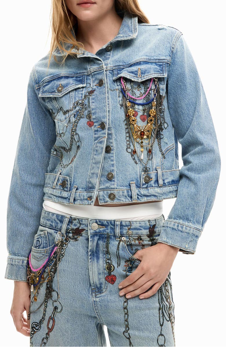 Desigual Embellished Denim Trucker Jacket, Main, color, Medium Blue
