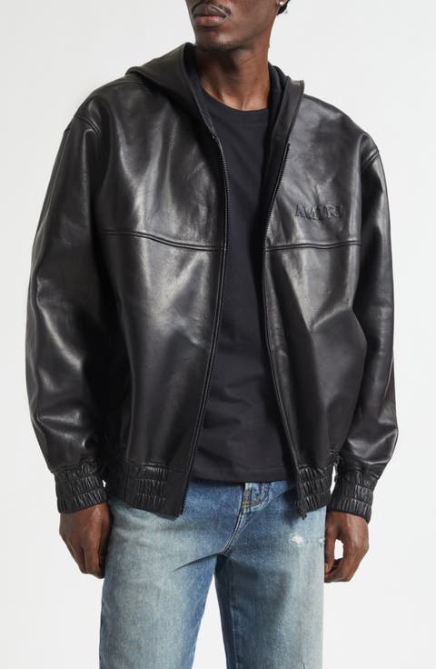 Oversize Hooded Lambskin Leather Zip Jacket