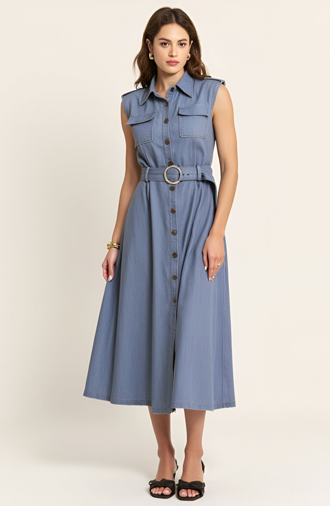 Belted A-Line Midi Dress with Shoulder Buttons and Pockets