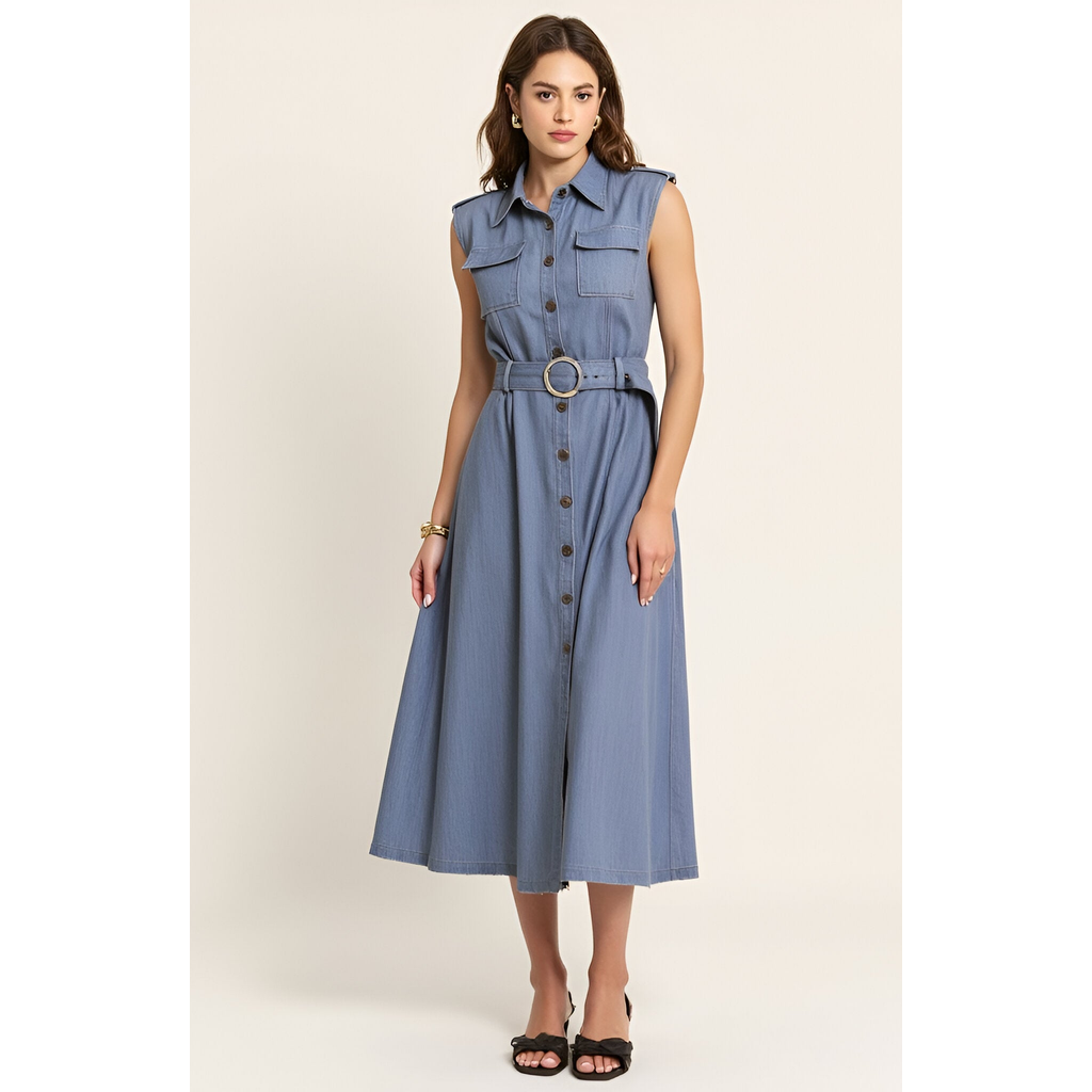 Modenaire Belted A-line Midi Dress With Shoulder Buttons And Pockets In Blue