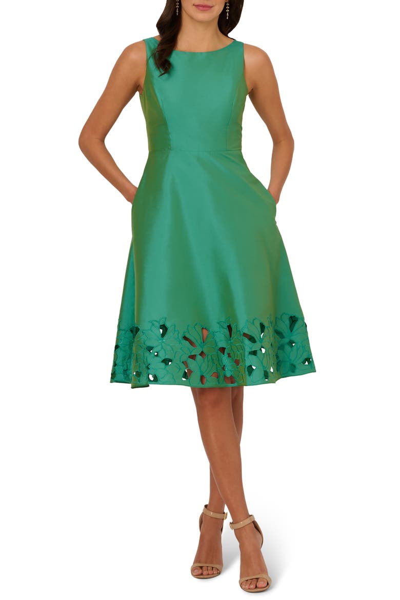 Cutwork Detail Taffeta Cocktail Dress, Main, color, PALM LEAF