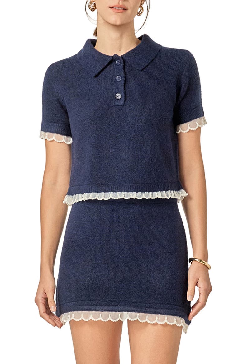 Faux Pearl Embellished Polo Sweater, Main, color, NAVY