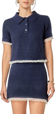 English Factory Faux Pearl Embellished Polo Sweater