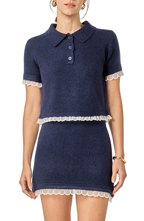 English Factory Faux Pearl Embellished Polo Sweater in Navy at Nordstrom, Size Small