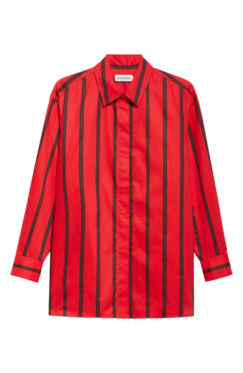 Marimekko Ruoste Puhveli Stripe Cotton Button-Up Shirt, Alternate, color, Red, Dark Brown