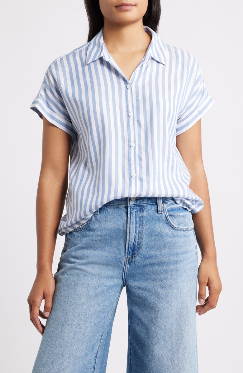 beachlunchlounge Kenzie Stripe Short Sleeve Button-Up Shirt, Main, color, Slate Blue