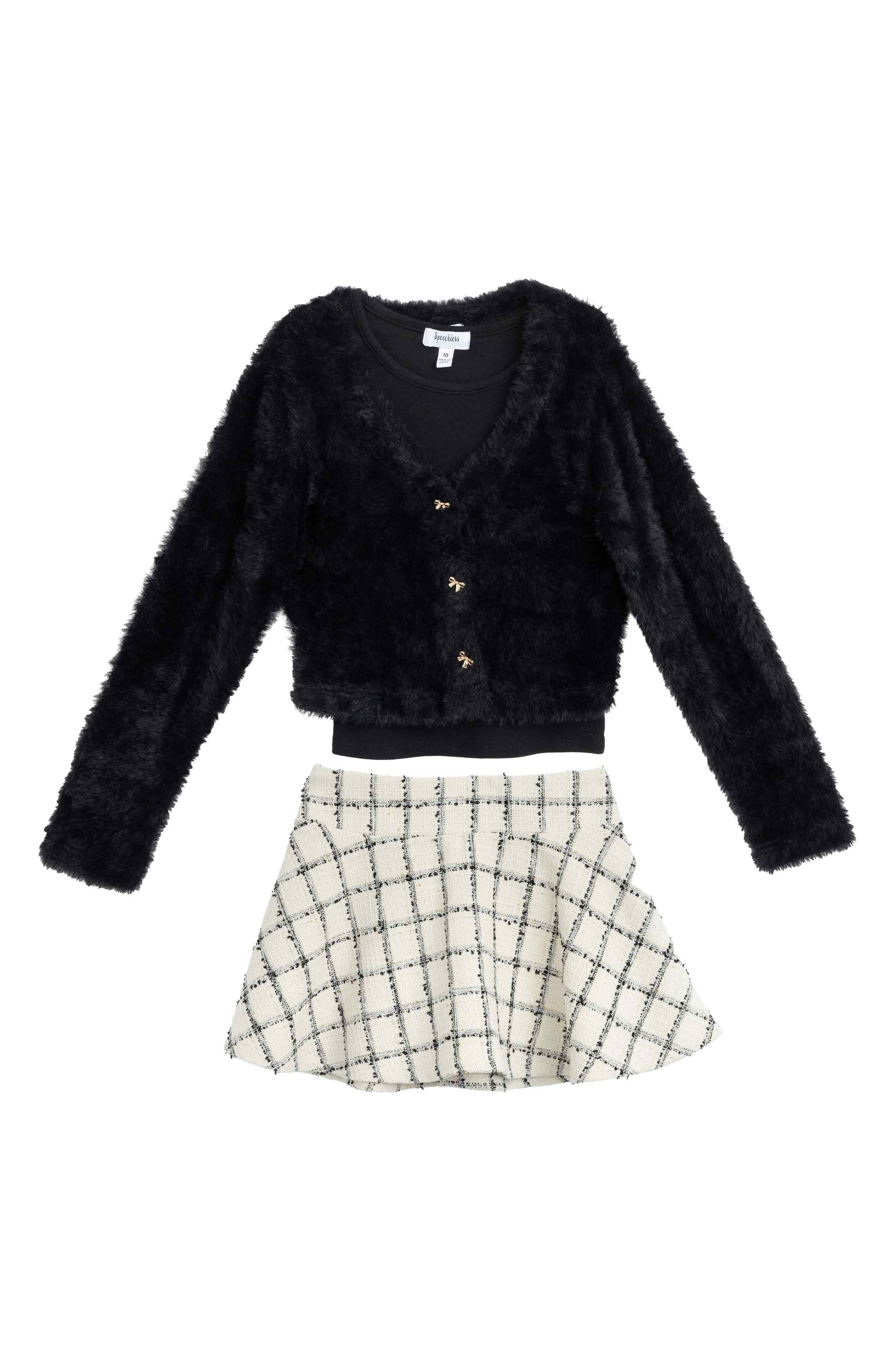 Kids' 3-Piece Fuzzy Cardigan, Tank & Skort Set