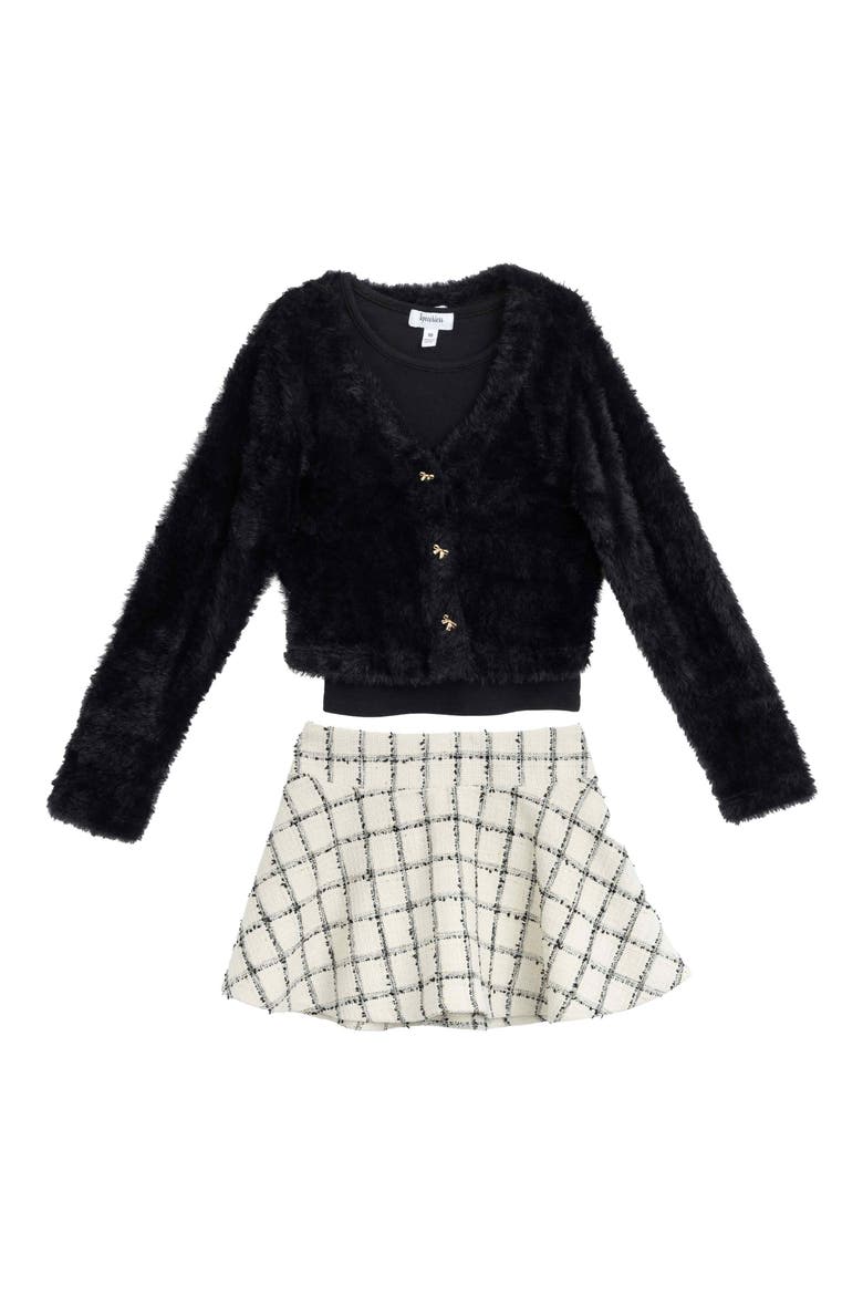 Kids' 3-Piece Fuzzy Cardigan, Tank & Skort Set, Main, color, IVORY/ BLACK