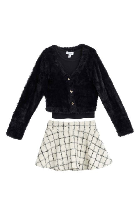 Kids' 3-Piece Fuzzy Cardigan, Tank & Skort Set