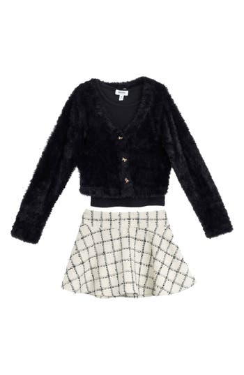 Speechless Kids' 3-piece Fuzzy Cardigan, Tank & Skort Set In Black