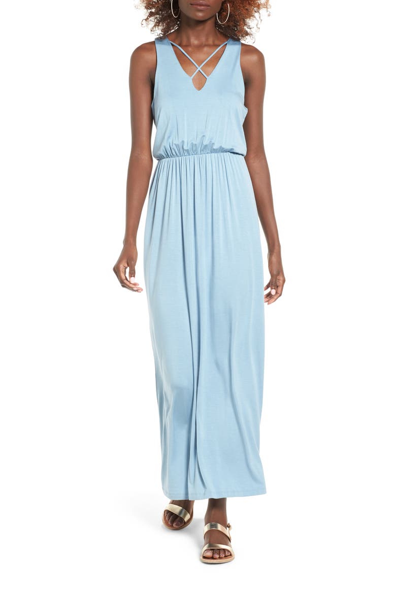 Cross Front Maxi Dress, Main, color, FADED DENIM