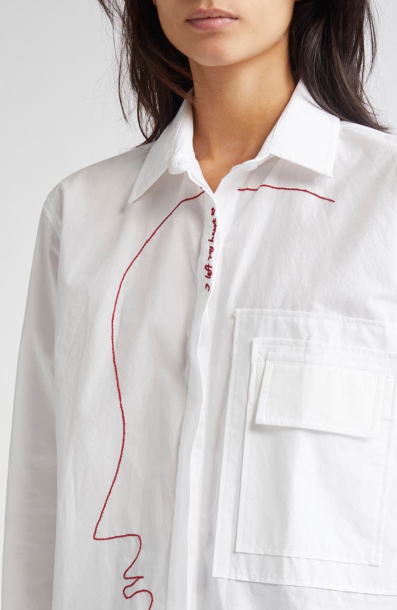 KÚR Hand-Embroidered Face Side Profile Oranbic Cotton Button-Up Shirt, Alternate, color, White