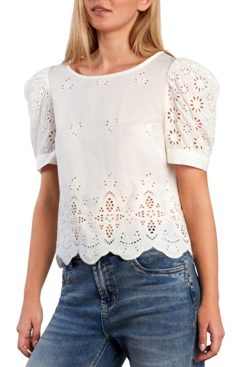 Billy T Halo Eyelet Puff Sleeve Cotton Blend Top, Alternate, color, Halo White
