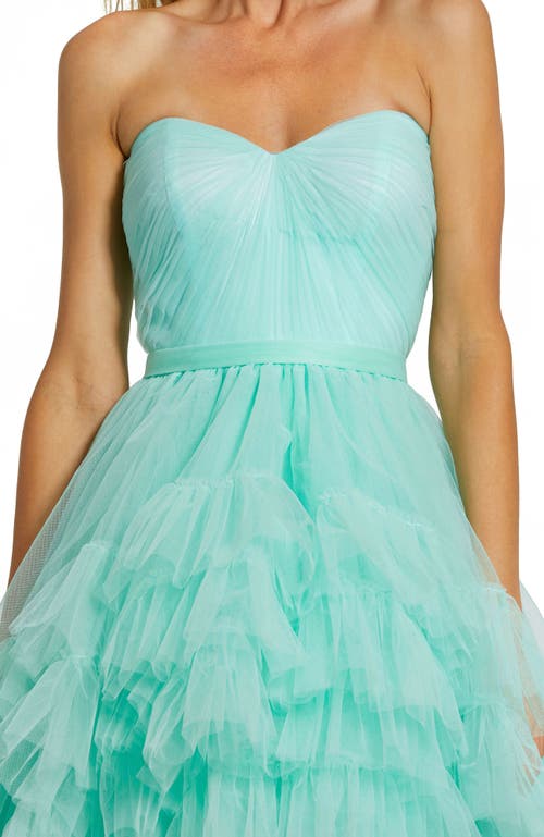 Mac Duggal Strapless Ruched Sweetheart Ruffle High Low Gown In Aqua