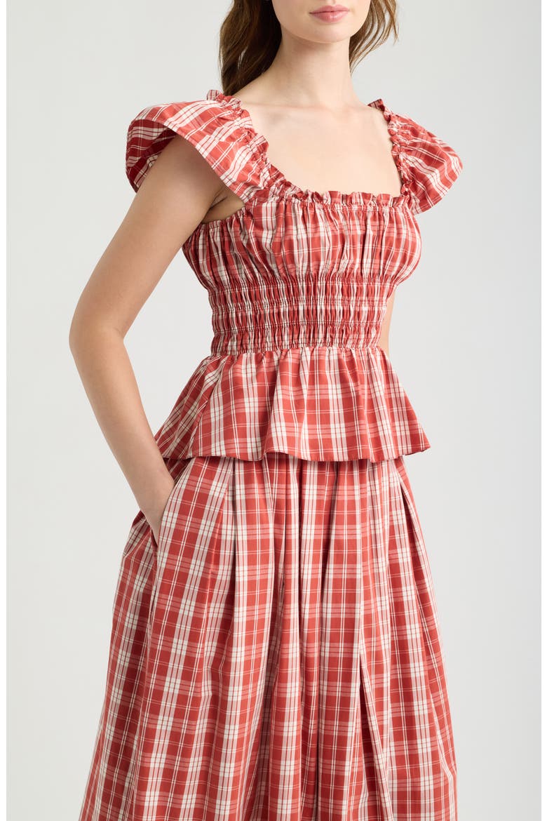 Janne Plaid Cotton Smocked Peplum Top, Alternate, color, INES CHECK TERRA ROSSO