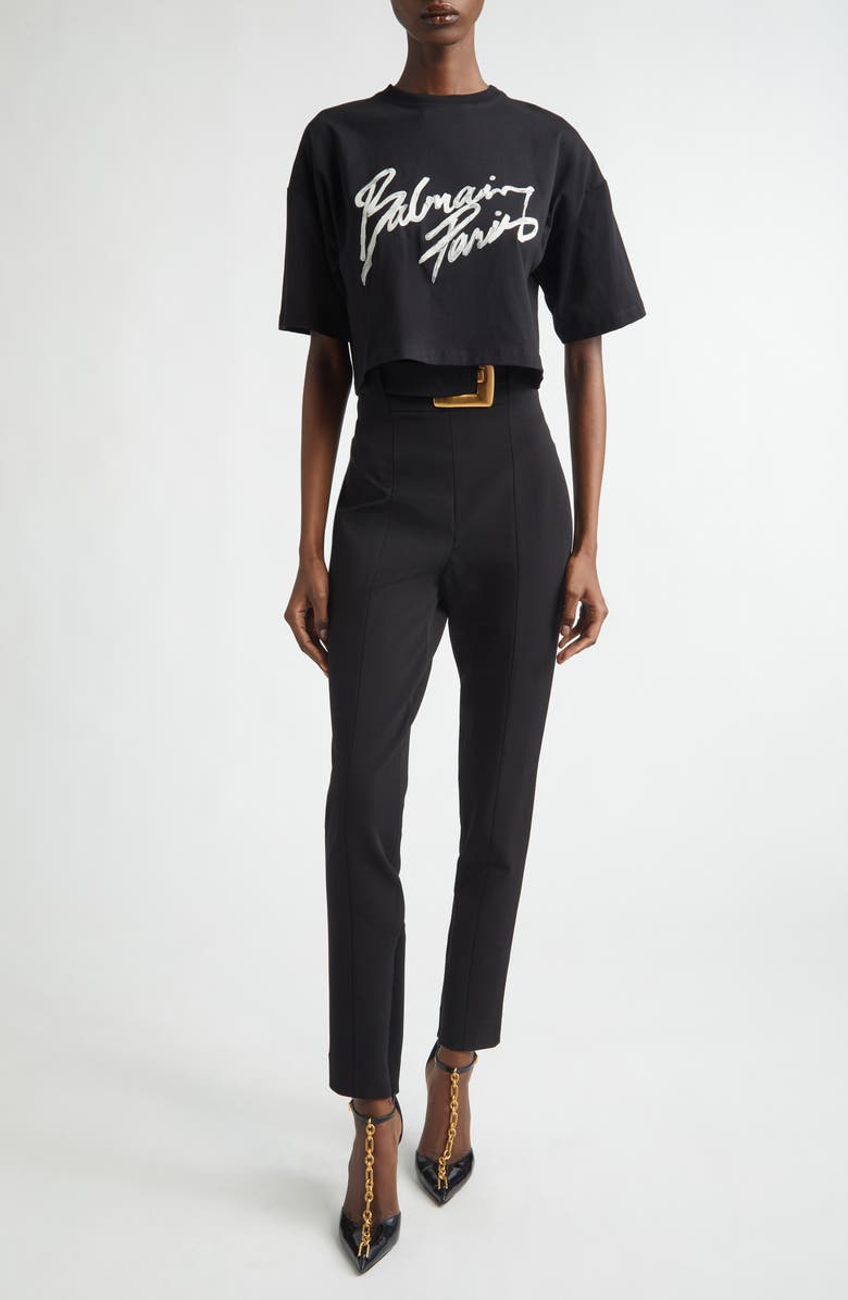 Balmain High Waist Belted Compact Knit Pants, Alternate, color, 0Pa Black