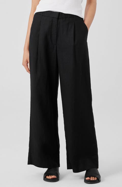 Pleated High Waist Organic Linen Wide Leg Pants (Petite)