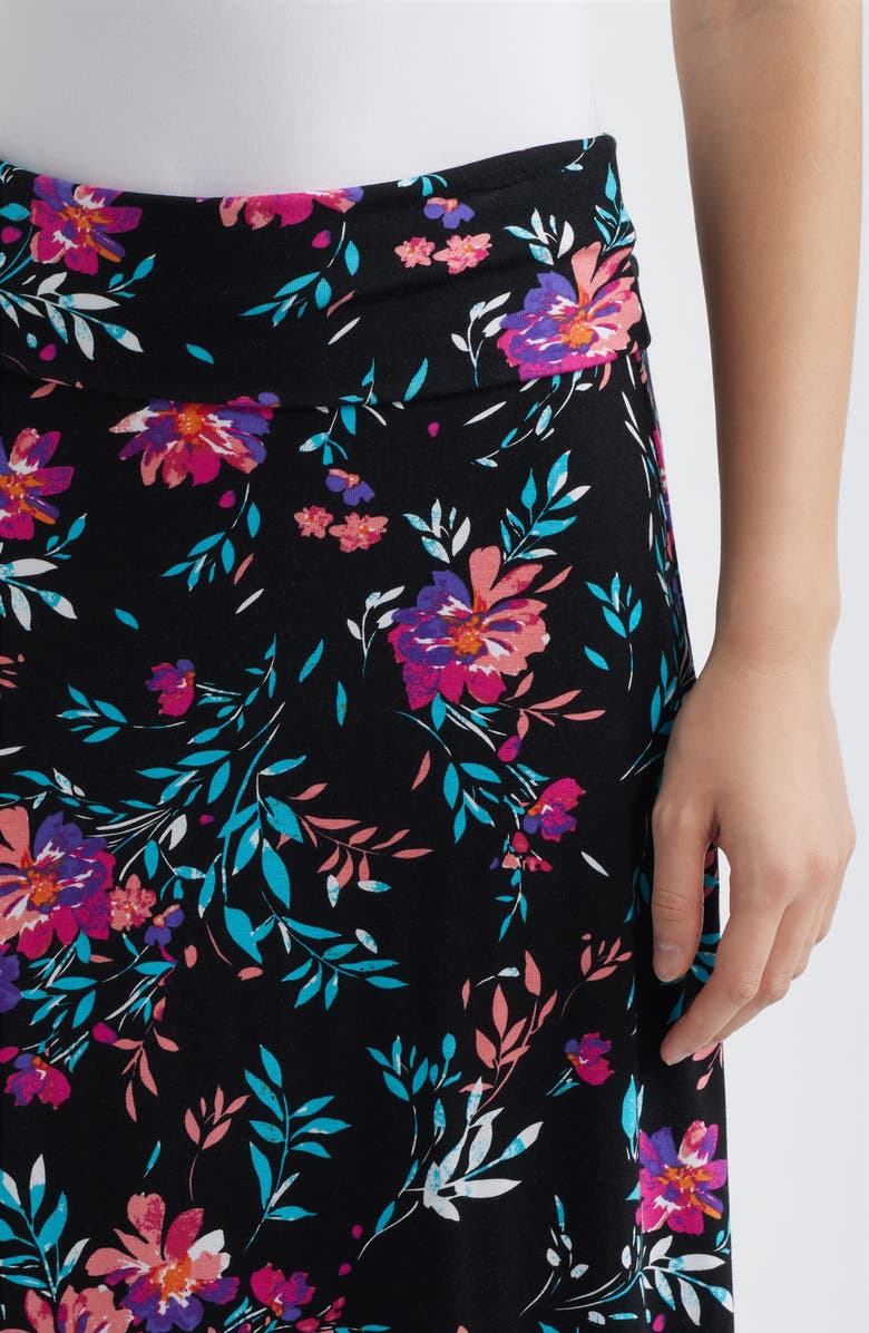 Loveappella Roll Top Floral Print Maxi Skirt, Alternate, color, Black/ Fuchsia