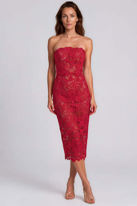 Strapless Guipure Lace Column Midi Dress