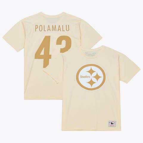 Men's Mitchell & Ness Troy Polamalu Cream Pittsburgh Steelers Sandman Name & Number T-Shirt
