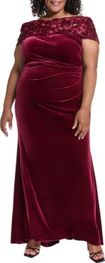 Eliza J Ruched Off the Shoulder Velvet Gown