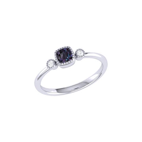 Cushion Cut Alexandrite & Diamond Birthstone Ring in 14K Gold