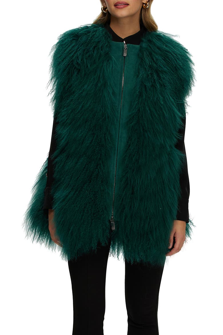 Genuine Shearling Zip Long Vest, Main, color, FOREST GREEN