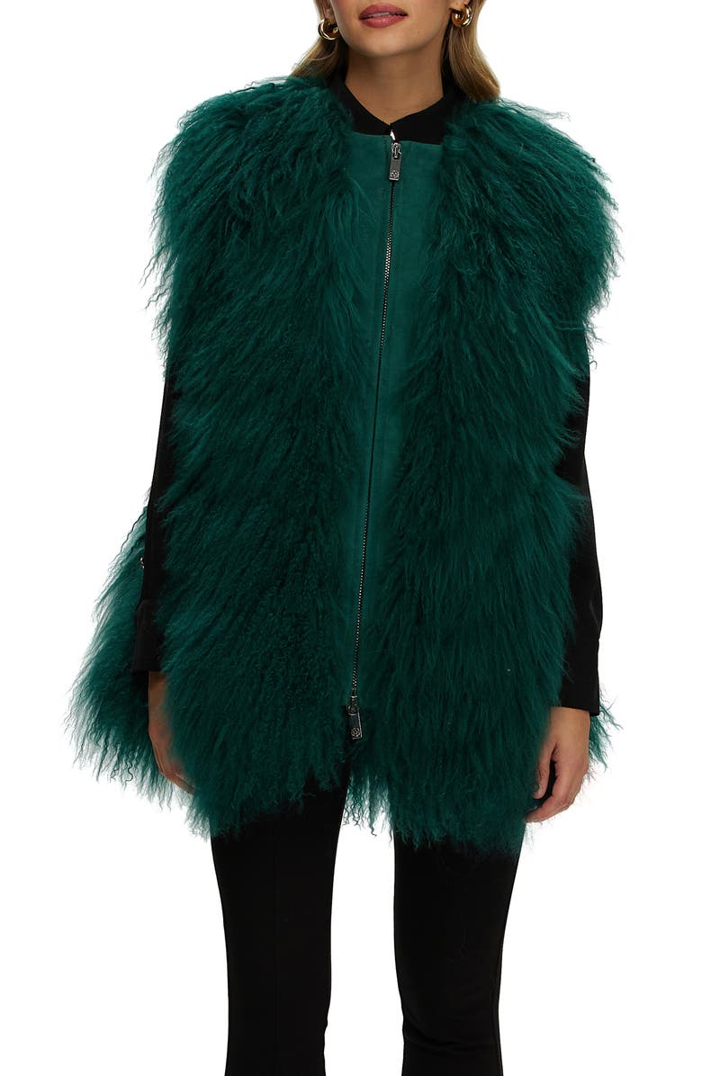 GORSKI Genuine Shearling Zip Long Vest, Main, color, Forest Green