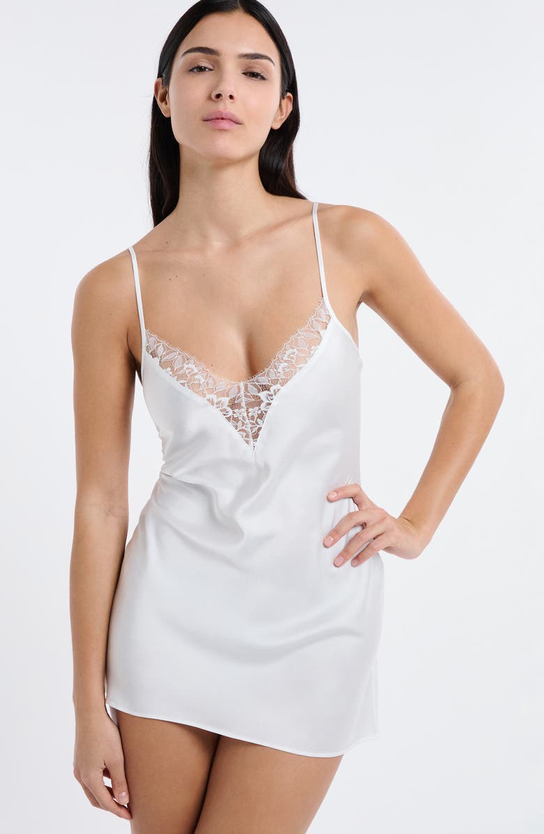 Etam Mascarade Lace Trim Satin Chemise, Alternate, color, White