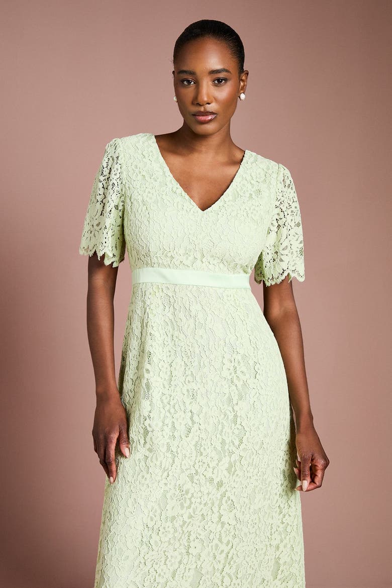 Scallop Hem V-Neck Lace Midi Dress, Alternate, color, Sage