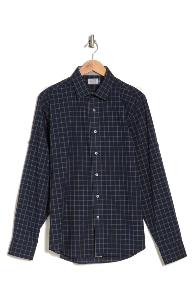 Lorenzo Uomo Trim Fit Windowpane Cotton Dress Shirt, Alternate, color, Indigo/ Grey