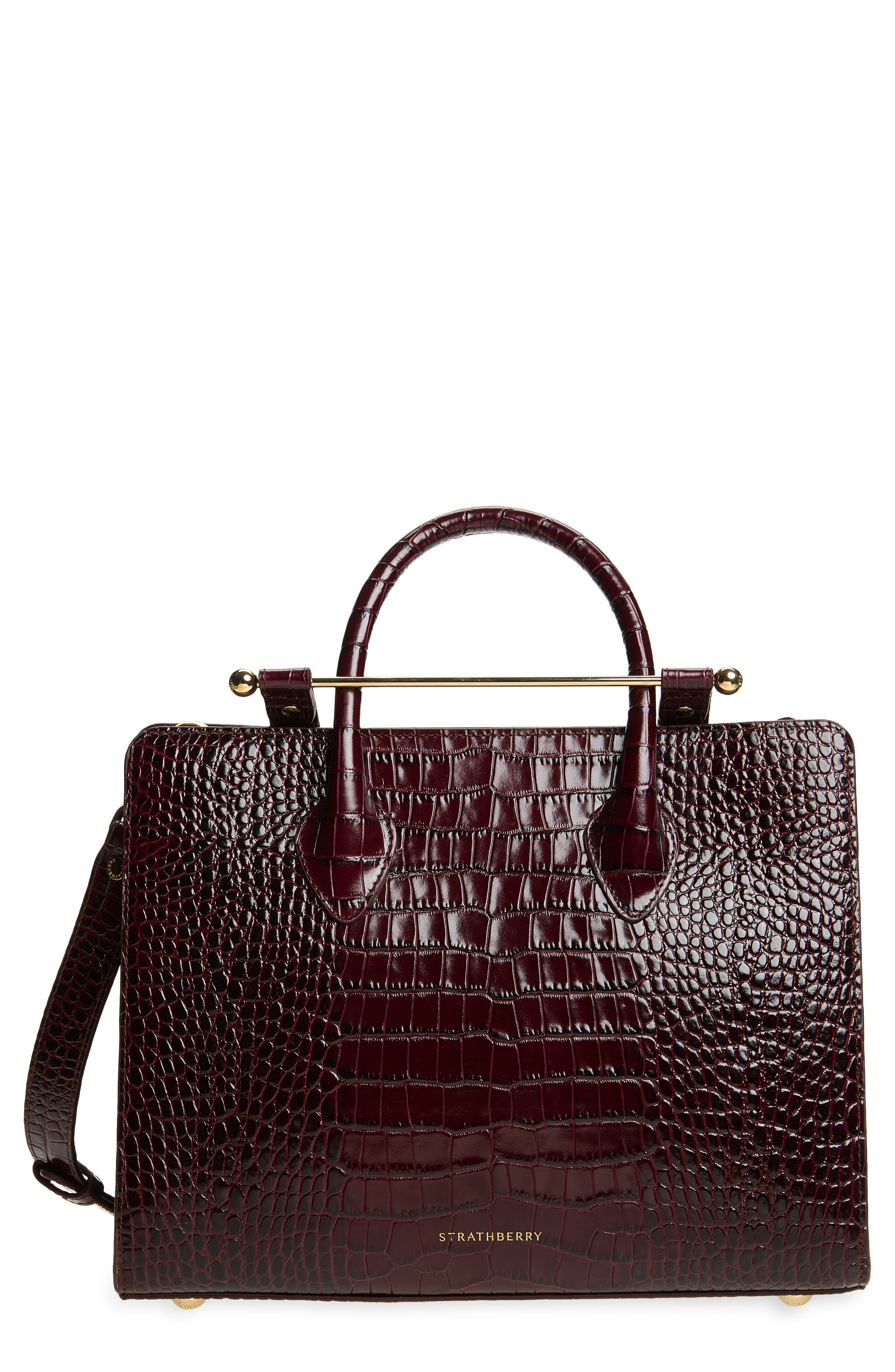 Midi Croc Embossed Leather Tote, Main, color, BURGUNDY