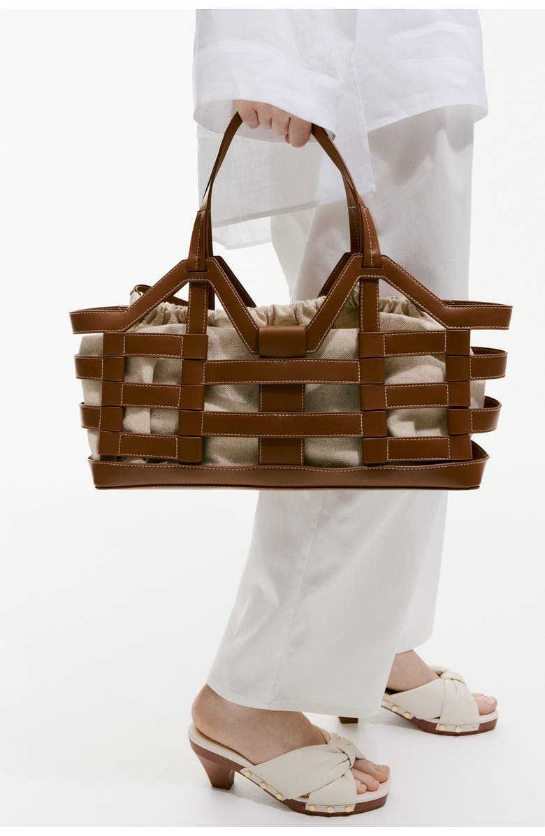 H&M Large drawstring-detail tote bag, Alternate, color, Brown/Light Beige