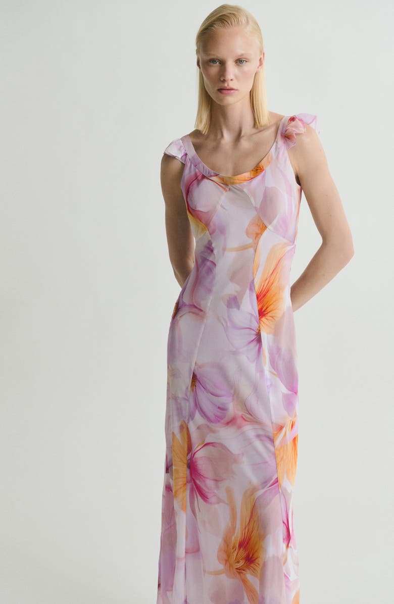 MANGO Floral Ruffle Chiffon Maxi Dress, Alternate, color, Light/ Pastel Purple